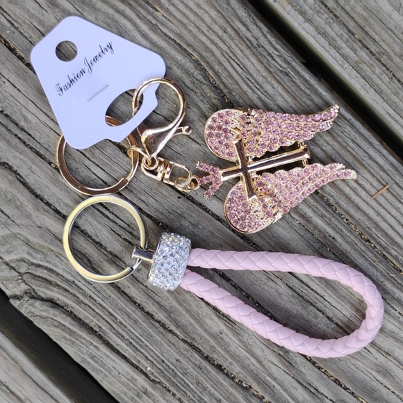 Pink rhinestone angel wing cross bag charm keychain mostly gold a little silver - Picture 1 of 1